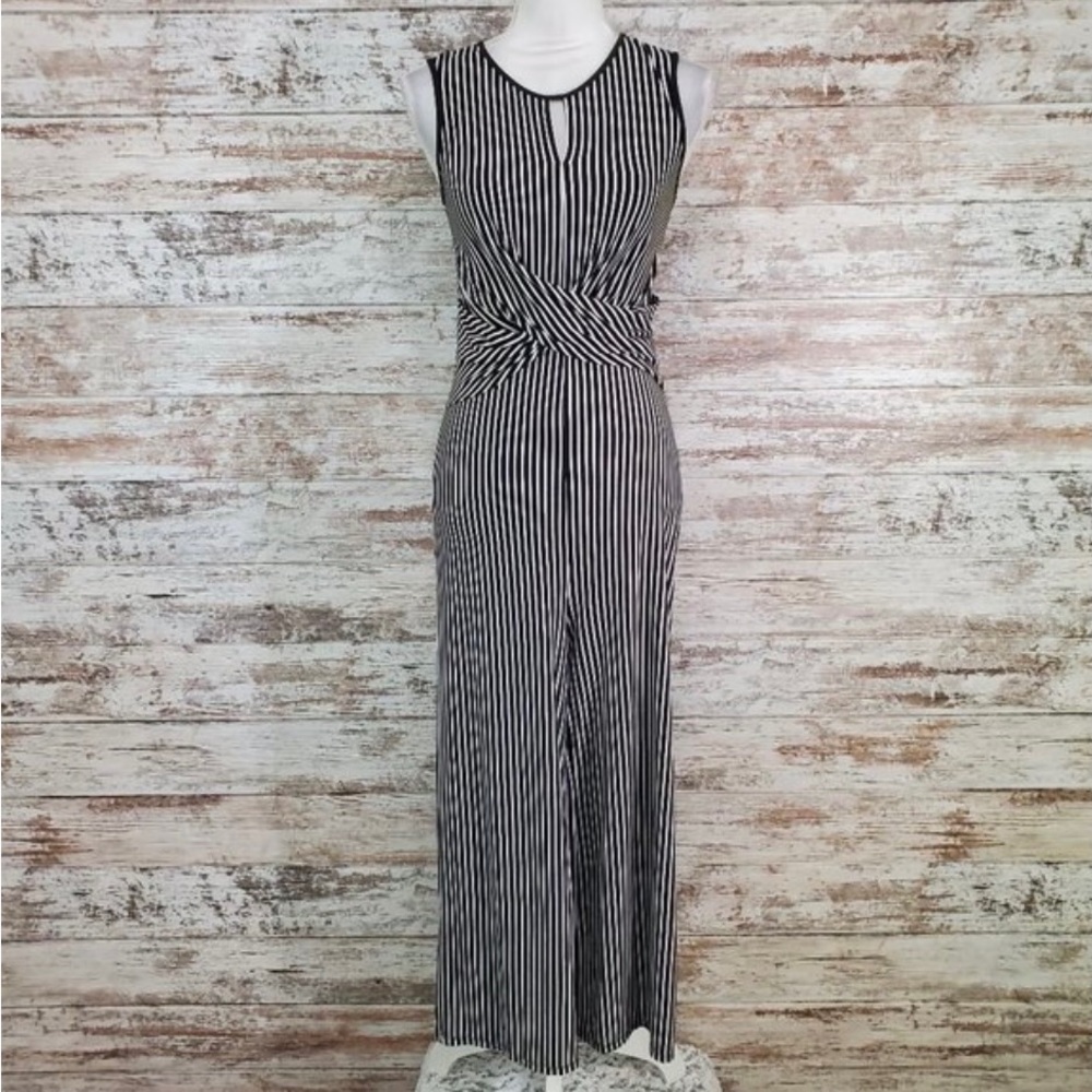 Sugar Lips Black White Striped Sleeveless Wide Leg Jersey Jumpsuit